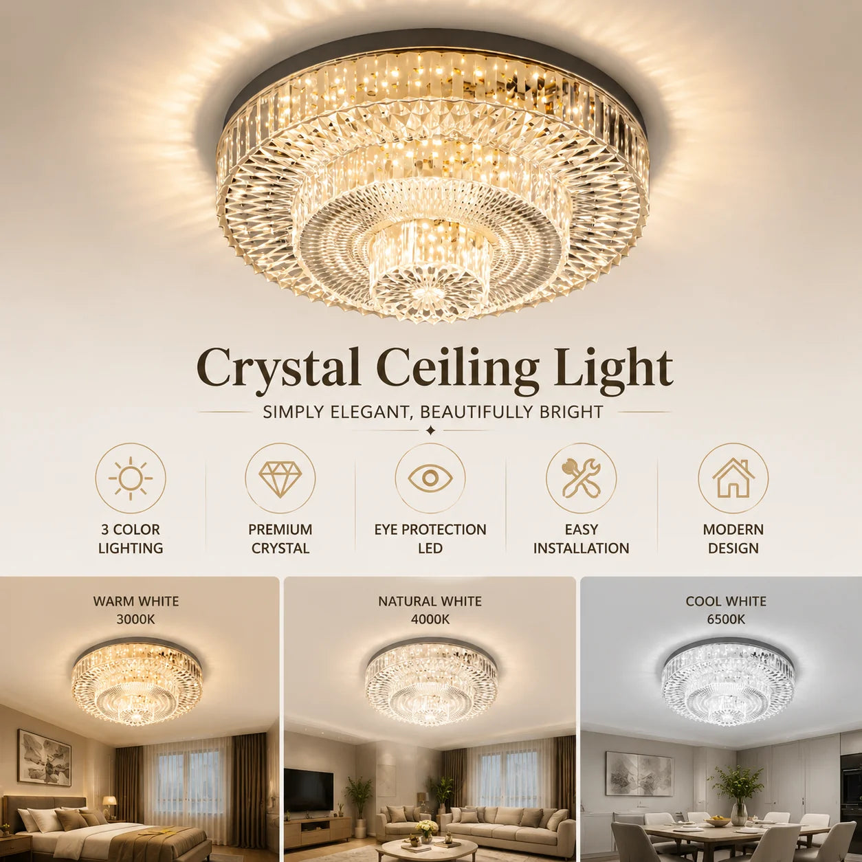 Modern Crystal LED Ceiling Light – 18W–48W, Adjustable, 85–265V