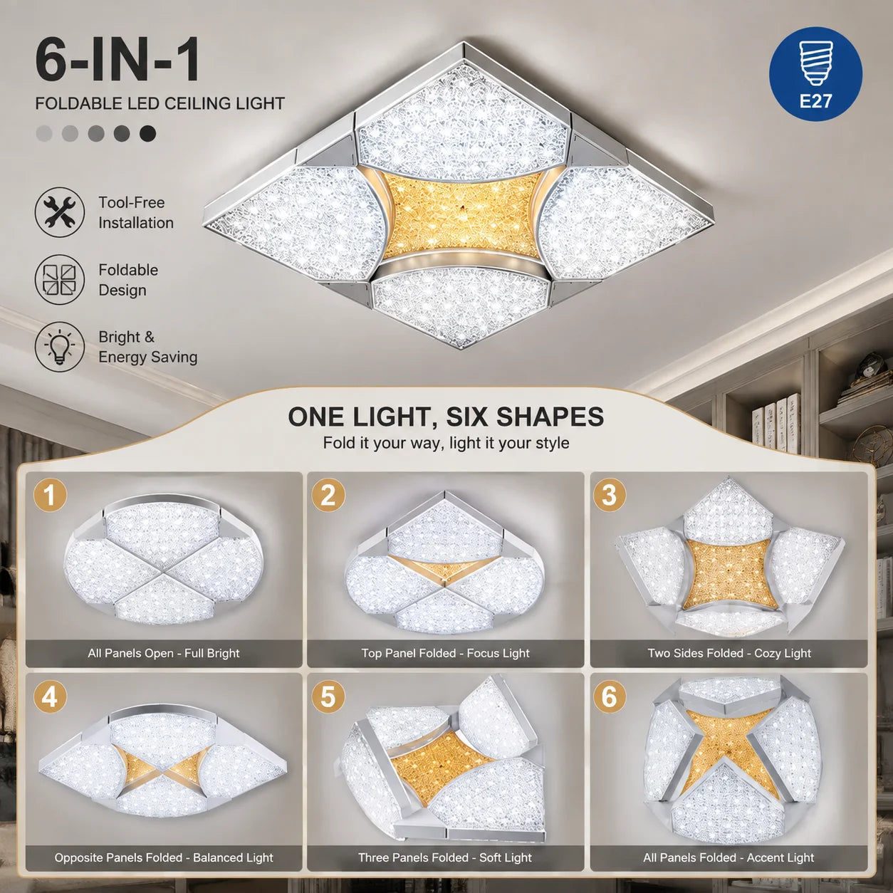 Modern Crystal LED Ceiling Light – 18W–48W, Adjustable, 85–265V