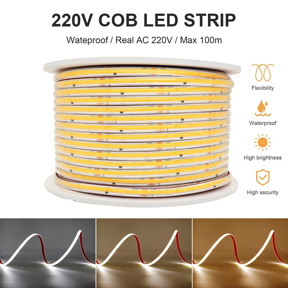 220V COB LED Strip Light IP67 Waterproof – 1m to 100m