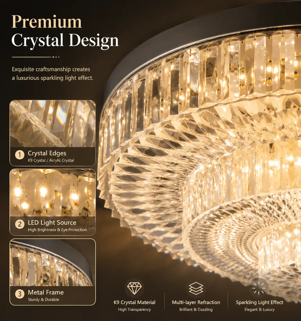 Modern Crystal LED Ceiling Light – 18W–48W, Adjustable, 85–265V