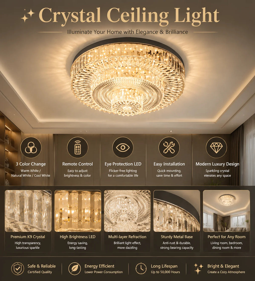 Modern Crystal LED Ceiling Light – 18W–48W, Adjustable, 85–265V
