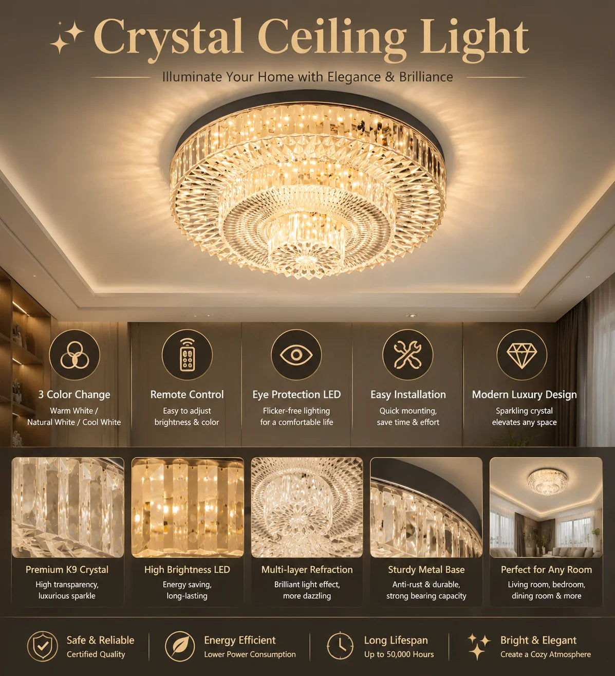 Modern Crystal LED Ceiling Light – 18W–48W, Adjustable, 85–265V
